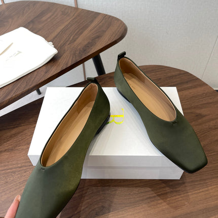 THE ROW 26S SQUARE TOE BALLET FLATS IN OLIVE GREEN SATIN