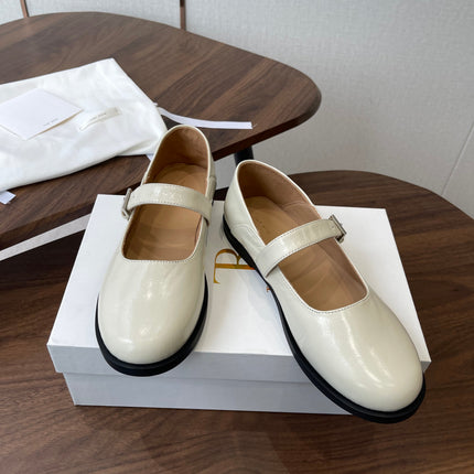 THE ROW 26S MARY JANE FLATS IN WHITE PATENT CALFSKIN