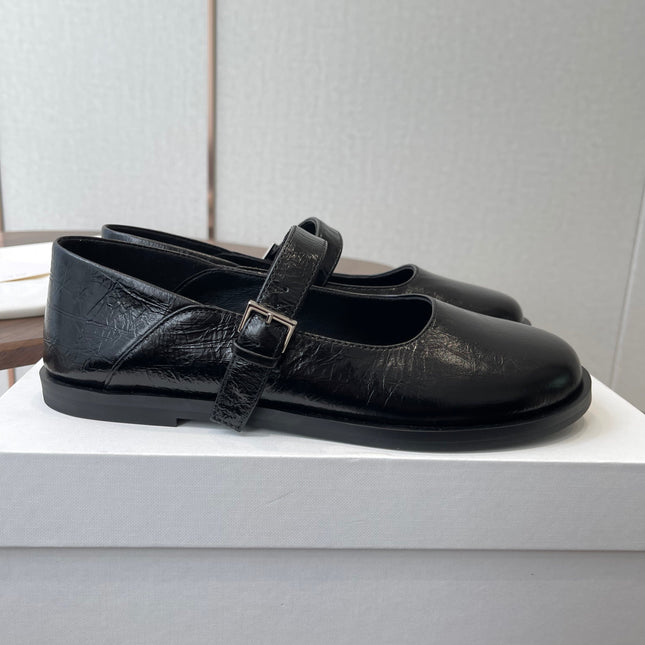 THE ROW 26S MARY JANE FLATS IN BLACK PATENT CALFSKIN