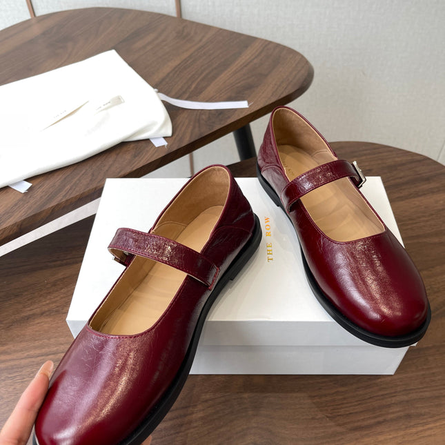 THE ROW 26S MARY JANE FLATS IN DARK RED PATENT CALFSKIN