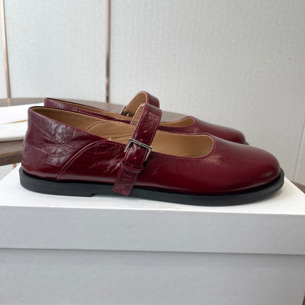 THE ROW 26S MARY JANE FLATS IN DARK RED PATENT CALFSKIN