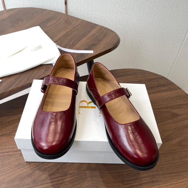 THE ROW 26S MARY JANE FLATS IN DARK RED PATENT CALFSKIN