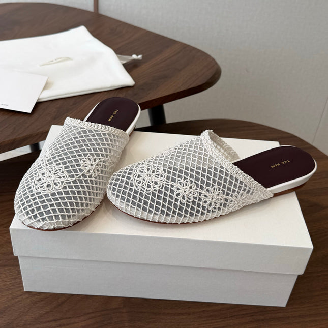 THE ROW 26S MULE FLATS IN WHITE CROCHET MESH