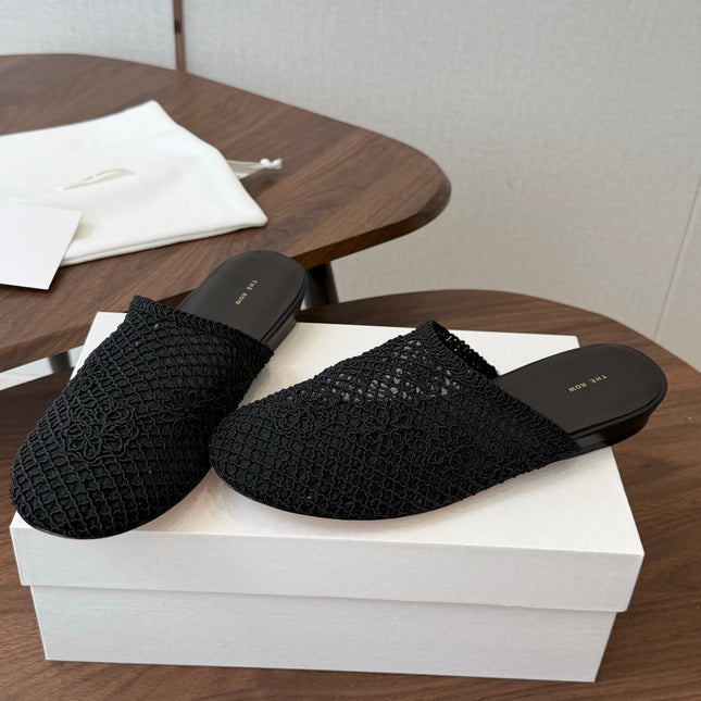 THE ROW 26S MULE FLATS IN BLACK CROCHET MESH