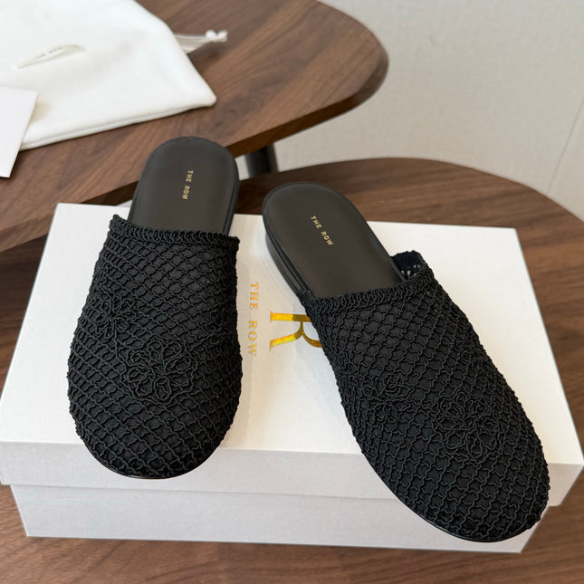 THE ROW 26S MULE FLATS IN BLACK CROCHET MESH