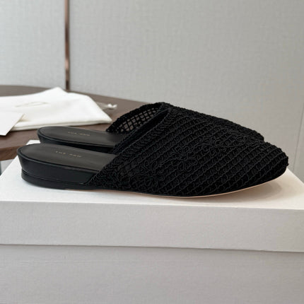 THE ROW 26S MULE FLATS IN BLACK CROCHET MESH