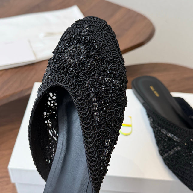 THE ROW 26S PEARL EMBELLISHED CROCHET MULE FLATS IN BLACK