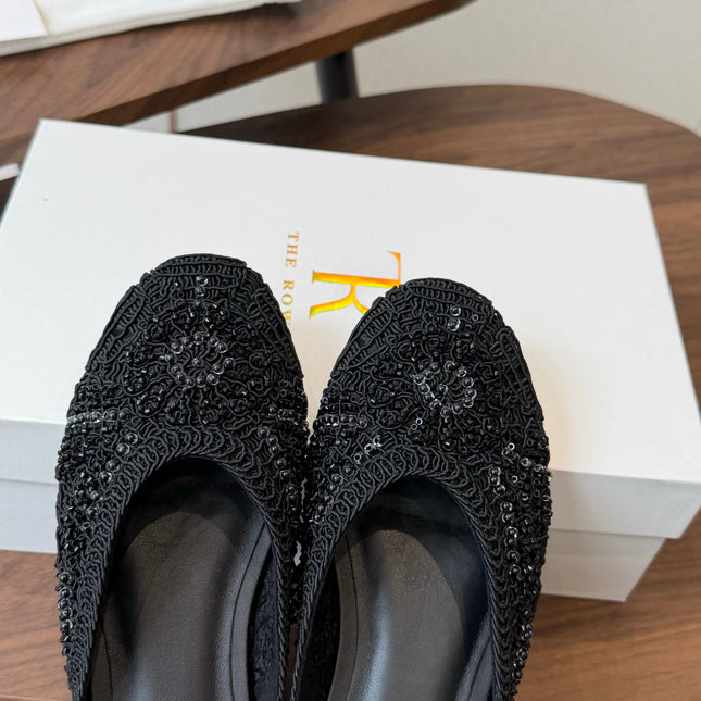 THE ROW 26S PEARL EMBELLISHED CROCHET MULE FLATS IN BLACK
