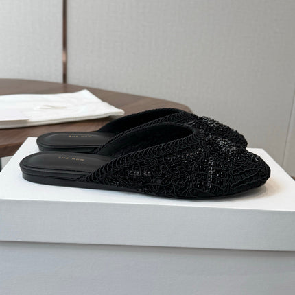 THE ROW 26S PEARL EMBELLISHED CROCHET MULE FLATS IN BLACK