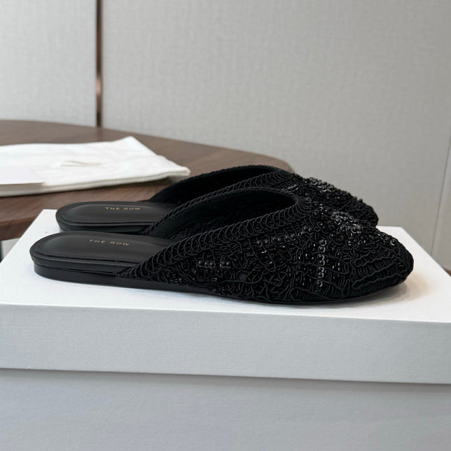 THE ROW 26S PEARL EMBELLISHED CROCHET MULE FLATS IN BLACK