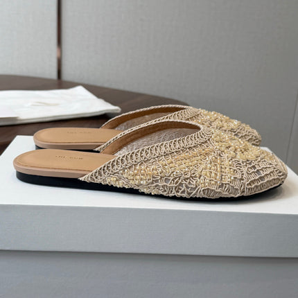 THE ROW 26S PEARL EMBELLISHED CROCHET MULE FLATS IN IVORY WHITE