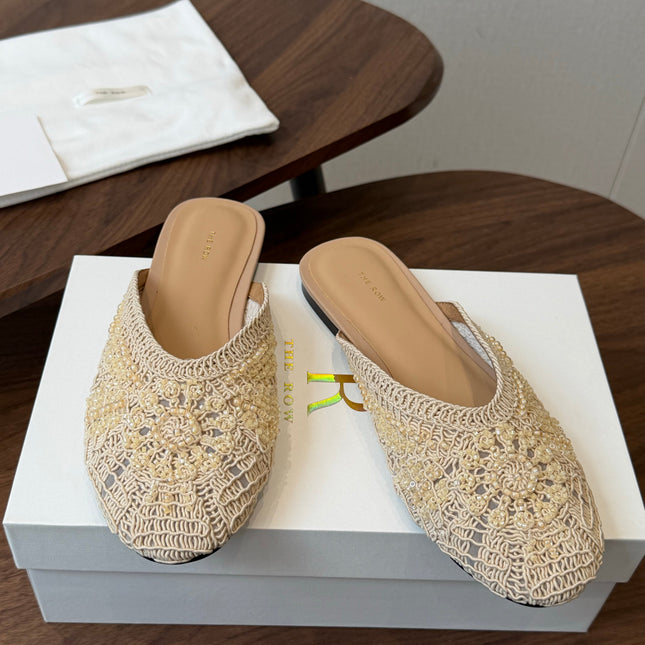 THE ROW 26S PEARL EMBELLISHED CROCHET MULE FLATS IN IVORY WHITE