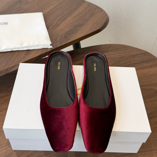 THE ROW 26S POINTED TOE MULES IN BURGUNDY RED VELVET