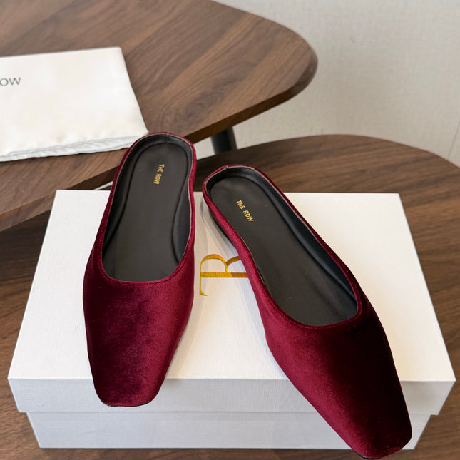 THE ROW 26S POINTED TOE MULES IN BURGUNDY RED VELVET