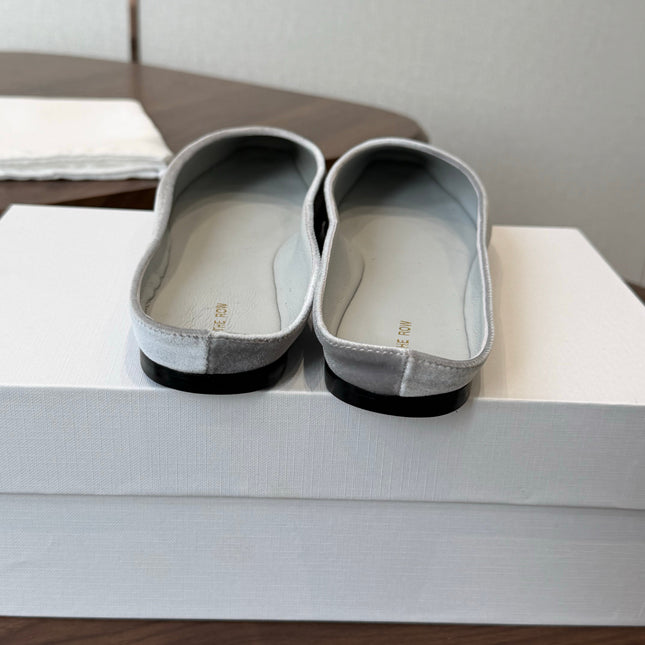 THE ROW 26S POINTED TOE MULES IN LIGHT GREY VELVET