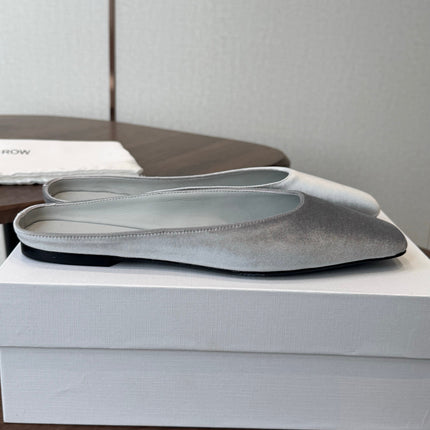THE ROW 26S POINTED TOE MULES IN LIGHT GREY VELVET