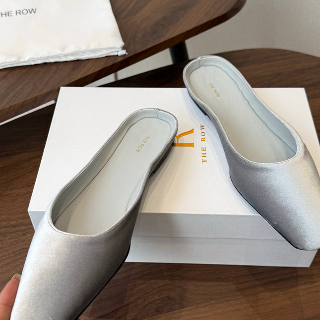 THE ROW 26S POINTED TOE MULES IN LIGHT GREY VELVET
