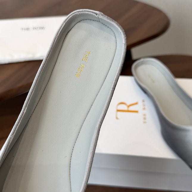 THE ROW 26S POINTED TOE MULES IN LIGHT GREY VELVET