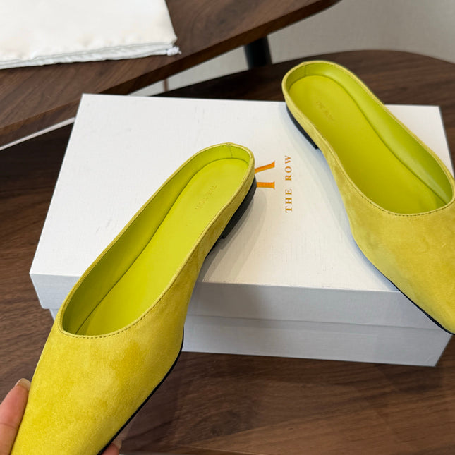 THE ROW 26S POINTED TOE MULES IN LIME GREEN SUEDE
