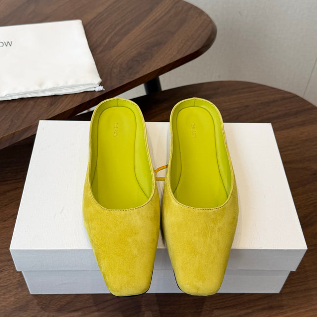 THE ROW 26S POINTED TOE MULES IN LIME GREEN SUEDE