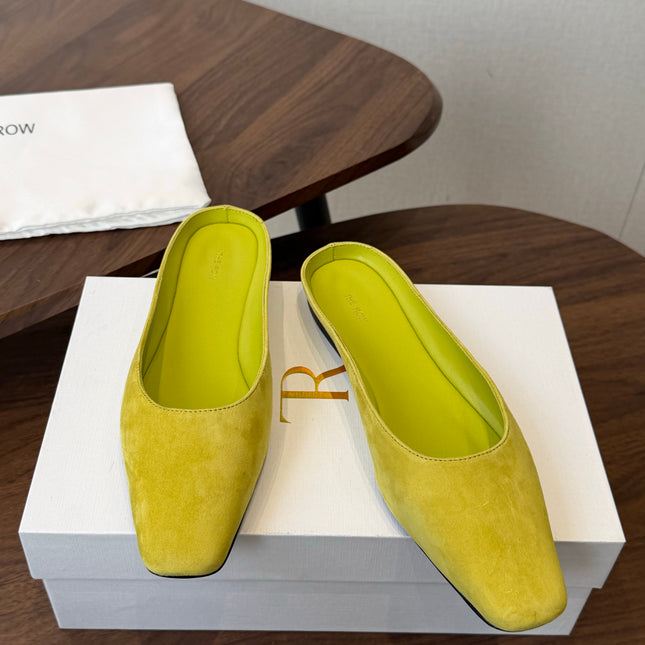 THE ROW 26S POINTED TOE MULES IN LIME GREEN SUEDE