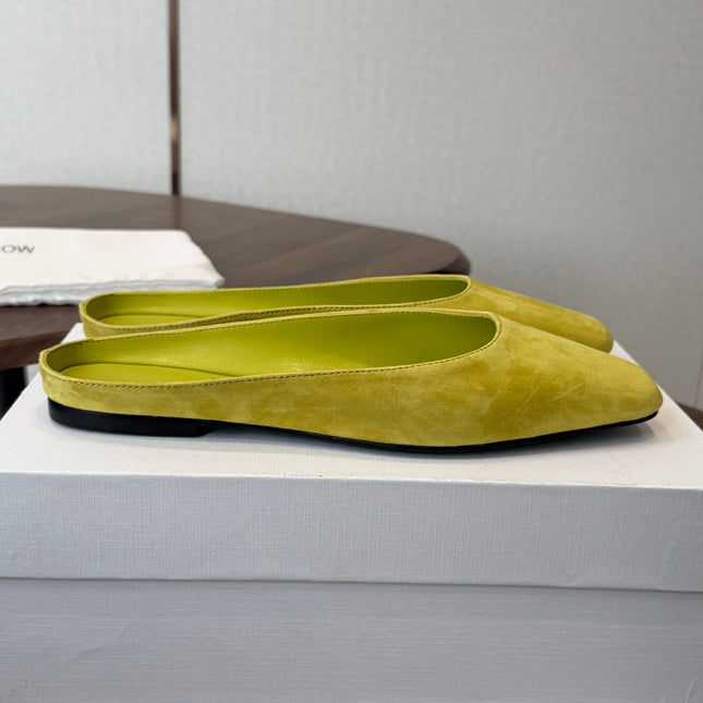THE ROW 26S POINTED TOE MULES IN LIME GREEN SUEDE
