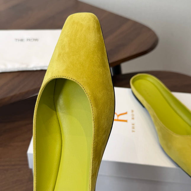 THE ROW 26S POINTED TOE MULES IN LIME GREEN SUEDE