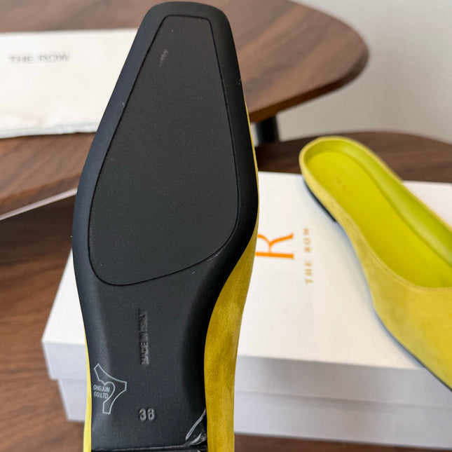 THE ROW 26S POINTED TOE MULES IN LIME GREEN SUEDE