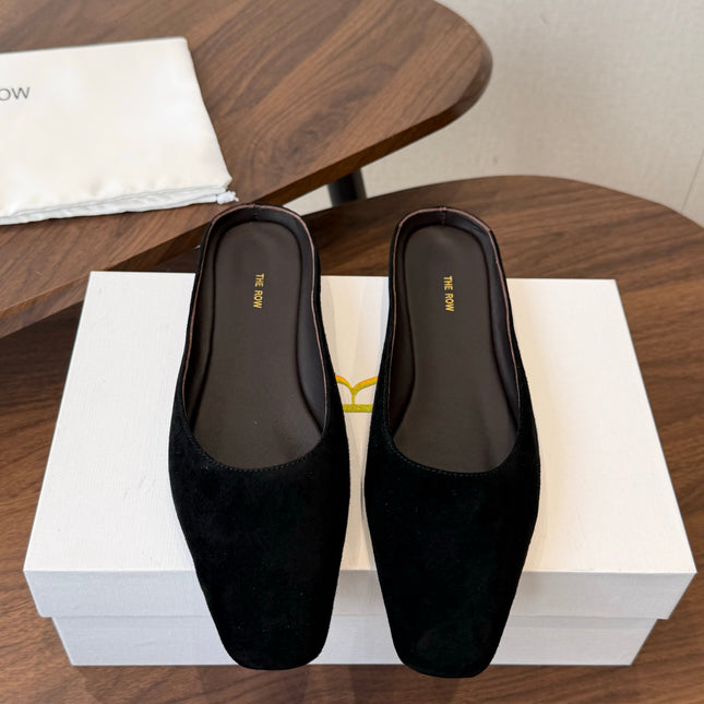 THE ROW 26S POINTED TOE MULES IN BLACK SUEDE