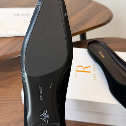 THE ROW 26S POINTED TOE MULES IN BLACK SUEDE
