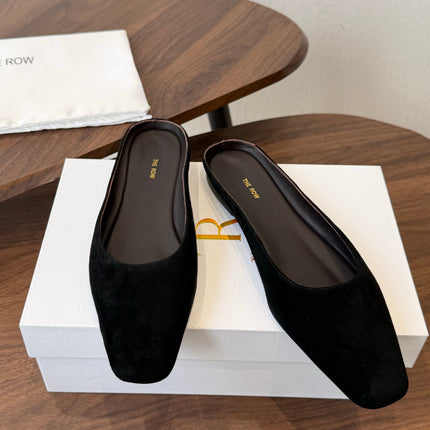 THE ROW 26S POINTED TOE MULES IN BLACK SUEDE