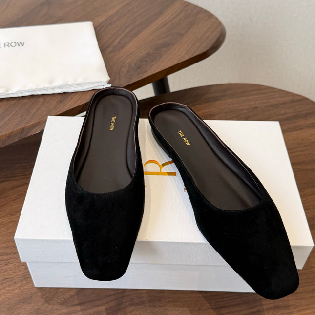 THE ROW 26S POINTED TOE MULES IN BLACK SUEDE