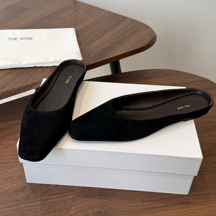 THE ROW 26S POINTED TOE MULES IN BLACK SUEDE