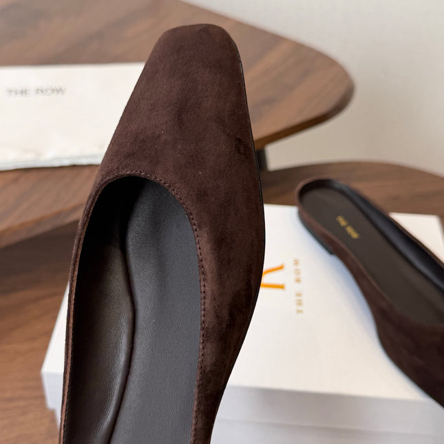 THE ROW 26S POINTED TOE MULES IN DARK BROWN SUEDE