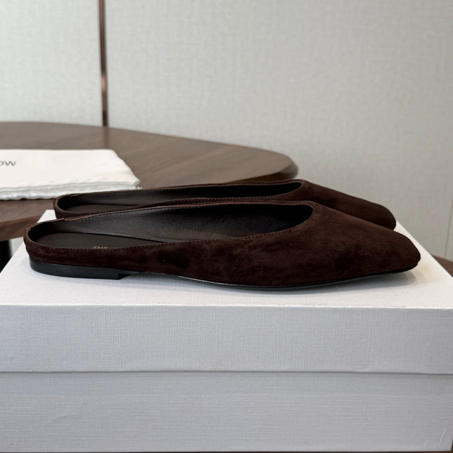 THE ROW 26S POINTED TOE MULES IN DARK BROWN SUEDE