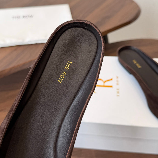 THE ROW 26S POINTED TOE MULES IN DARK BROWN SUEDE