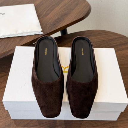 THE ROW 26S POINTED TOE MULES IN DARK BROWN SUEDE