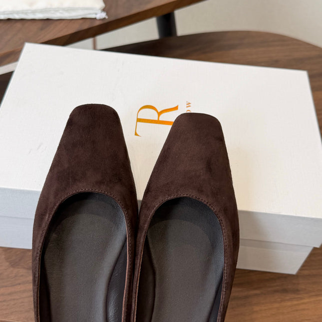 THE ROW 26S POINTED TOE MULES IN DARK BROWN SUEDE