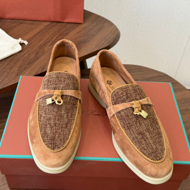 LP 26S LOAFERS IN CARAMEL BROWN SUEDE & FABRIC GOLD HARDWARE