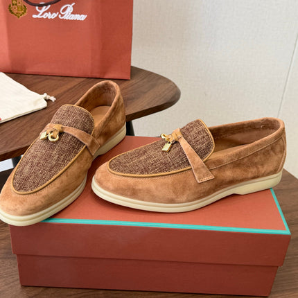 LP 26S LOAFERS IN CARAMEL BROWN SUEDE & FABRIC GOLD HARDWARE