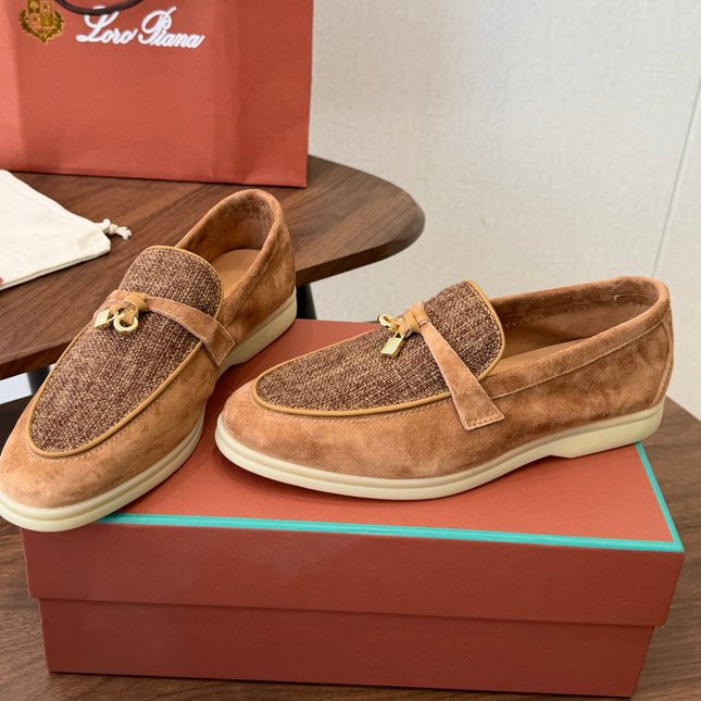 LP 26S LOAFERS IN CARAMEL BROWN SUEDE & FABRIC GOLD HARDWARE