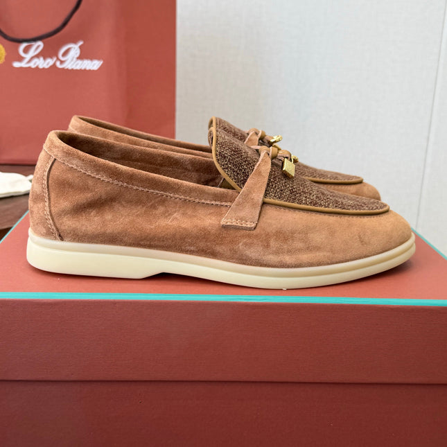 LP 26S LOAFERS IN CARAMEL BROWN SUEDE & FABRIC GOLD HARDWARE