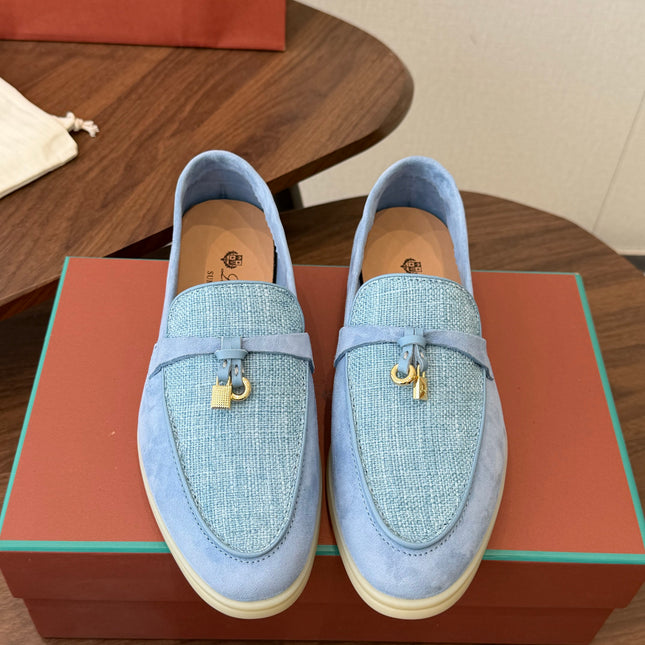 LP 26S LOAFERS IN LIGHT BLUE SUEDE & FABRIC GOLD HARDWARE