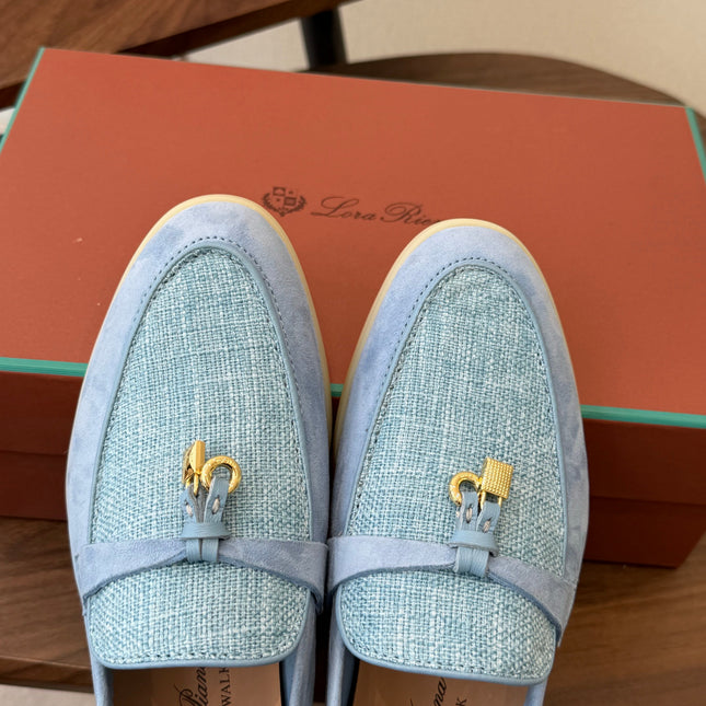 LP 26S LOAFERS IN LIGHT BLUE SUEDE & FABRIC GOLD HARDWARE