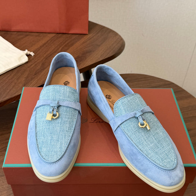 LP 26S LOAFERS IN LIGHT BLUE SUEDE & FABRIC GOLD HARDWARE