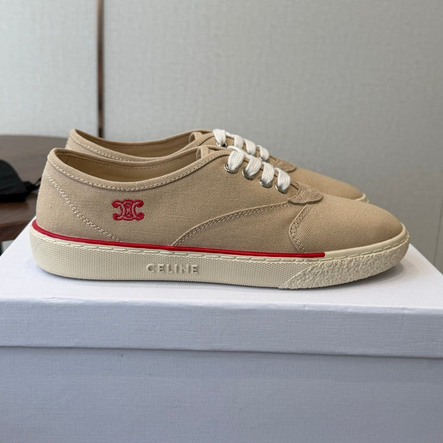 CELINE 26S TRIOMPHE LOW TOP SNEAKERS IN BEIGE CANVAS RED TRIM