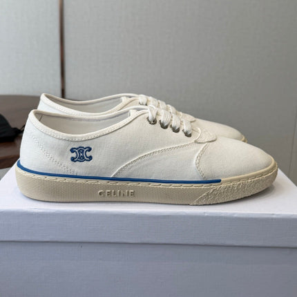 CELINE 26S TRIOMPHE LOW TOP SNEAKERS IN WHITE CANVAS BLUE TRIM