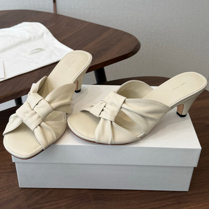 THE ROW 26S KNOT HEELED SLIDE SANDALS 35MM IN IVORY WHITE LAMBSKIN