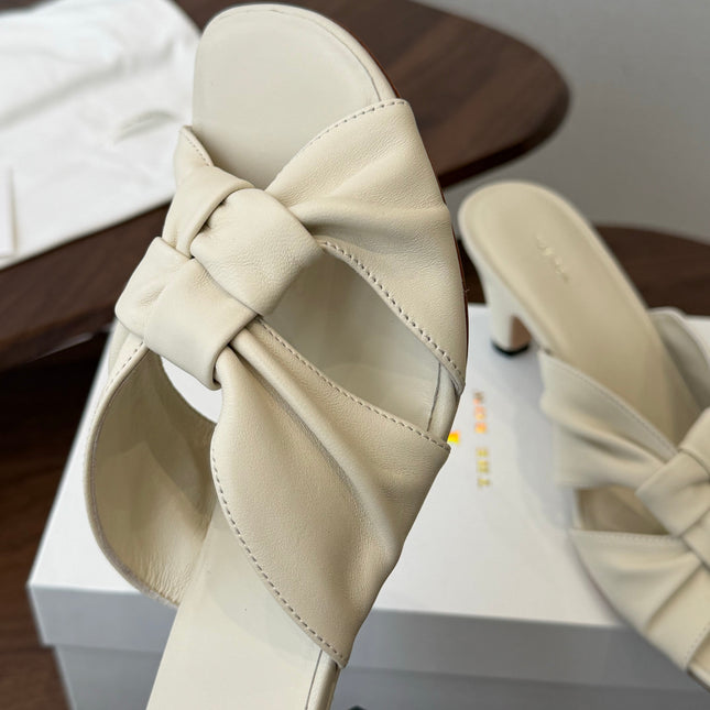 THE ROW 26S KNOT HEELED SLIDE SANDALS 35MM IN IVORY WHITE LAMBSKIN