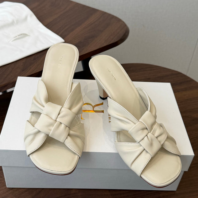 THE ROW 26S KNOT HEELED SLIDE SANDALS 35MM IN IVORY WHITE LAMBSKIN